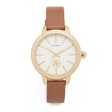 Tory Burch Women's The Collins Leather Watch, Gold/Ivory/Luggage, One Size