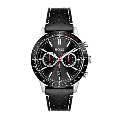 BOSS Allure Men's Chronograph Stainless Steel and Leather Strap Watch, Color:Black (Model: 1513920)
