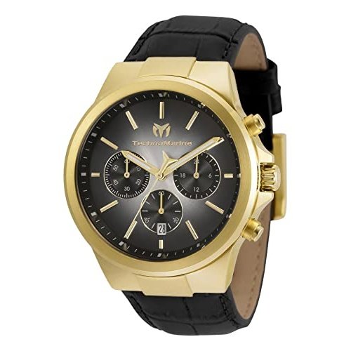 TechnoMarine Men's MoonSun Stainless Steel Quartz Watch with Leather Strap, Black, 24 (Model: TM-820014)