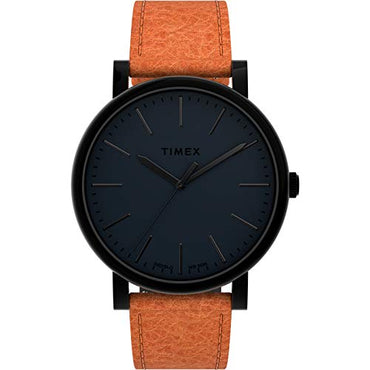 Timex Men's Originals 42mm Watch ? Black Case & Dial with Brown Genuine Leather Strap