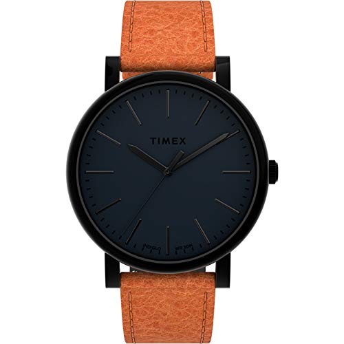 Timex Men's Originals 42mm Watch ? Black Case & Dial with Brown Genuine Leather Strap
