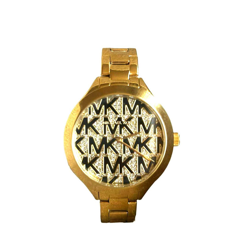 Michael Kors MK4659 Gold Tone Black Logo Accent 3 Hand Dial Stainless Steel Women's Watch