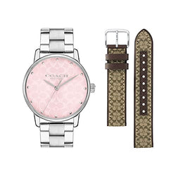 Coach 14000088 Grand Pink Logo Dial Silver Bracelet Band Women's 36mm Watch Gift Set